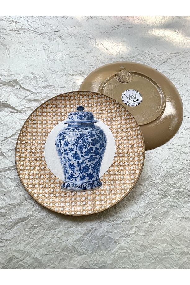 Doğal Rafya Bohem Rattan Hazeran Blue Blanc Duvar Tabağı Bahçe Balkon Mutfak Salon Duvar Süsü - 3