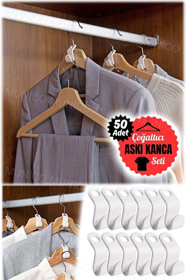 50 Adet Çok Fonksiyonlu Üst Üste Elbise Giysi Gömlek Ceket Tshirt Asma Aparatı Birbirine Geçen Kanca - 8