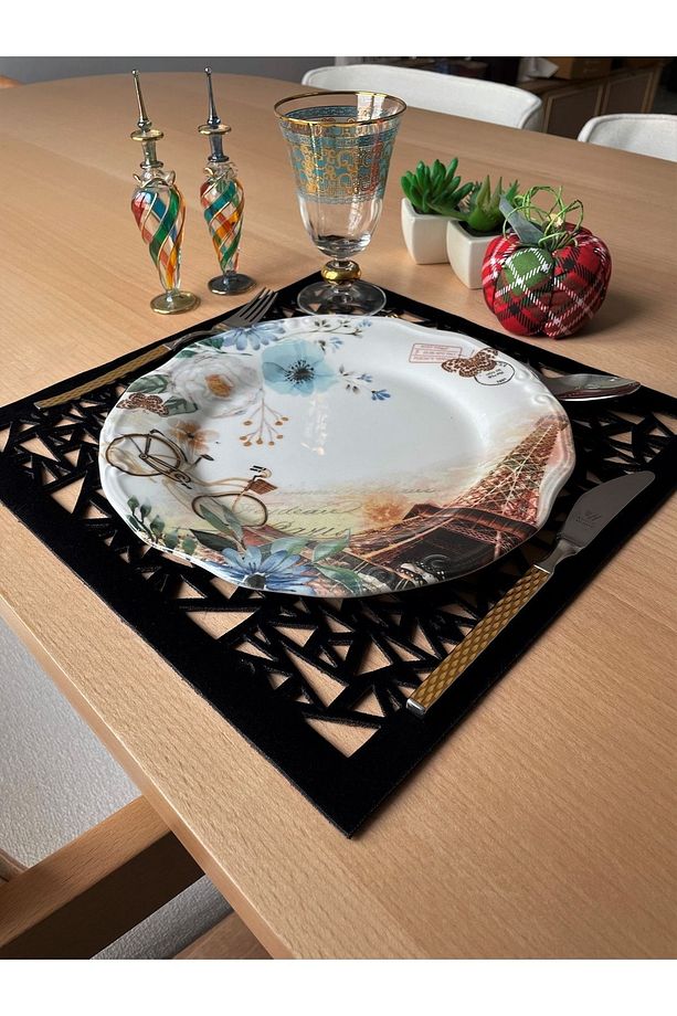 Siyah Süet Kumaş Amerikan Servis Supla 35x35 Cm Kare 6'lı Set - 2