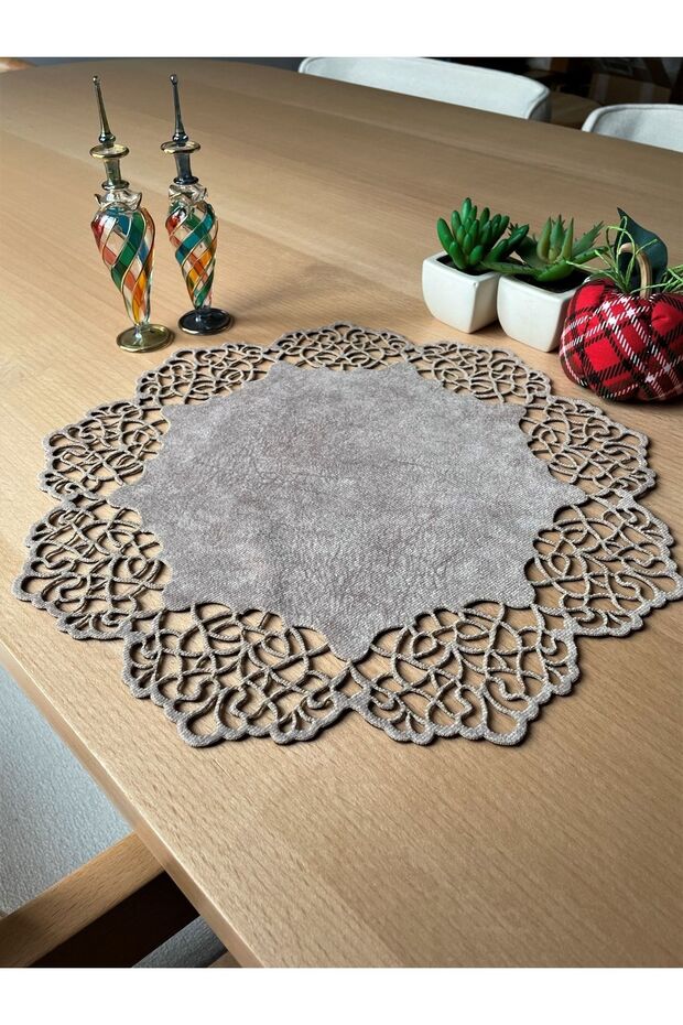 Koyu Bej (TAŞ RENGİ) Süet Kumaş Amerikan Servis Supla 35x35 Cm Yuvarlak 6'lı Set - Şık Ve Dayanıklı - 1