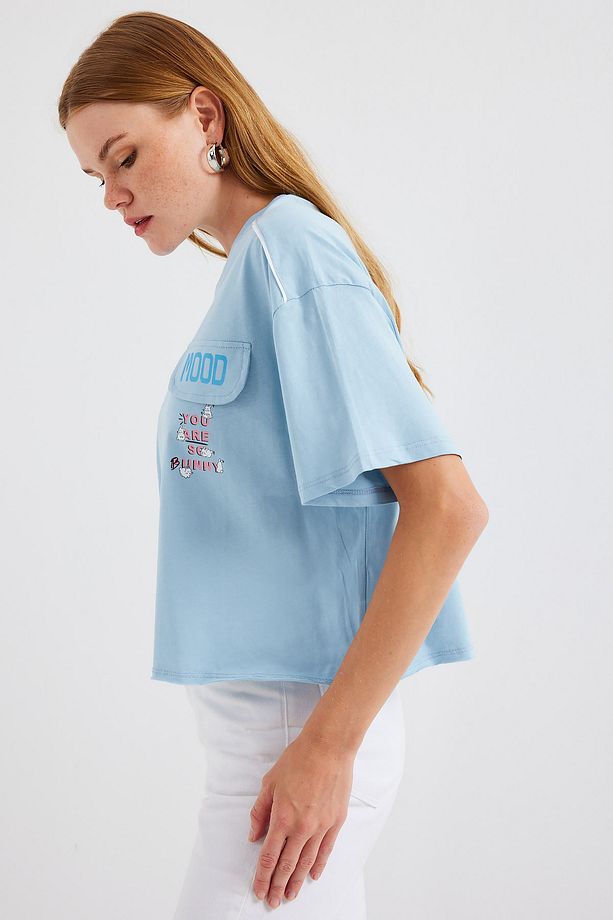4321 Cep Detaylı Oversize Tshirt - Mavi - 3