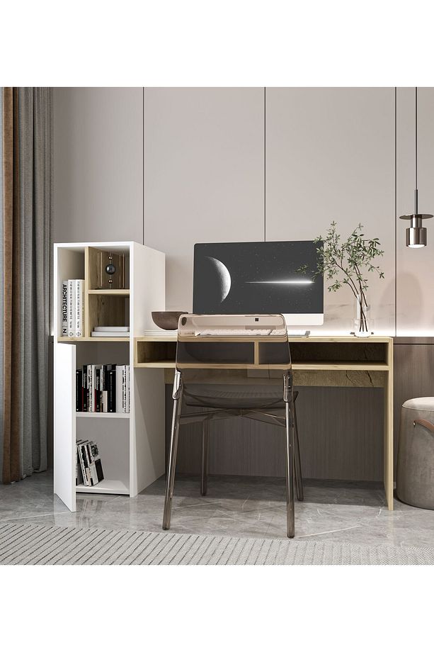 Toskana Kitaplıklı Çalışma Ofis Bilgisayar Masası Safir Meşe-Beyaz - 5