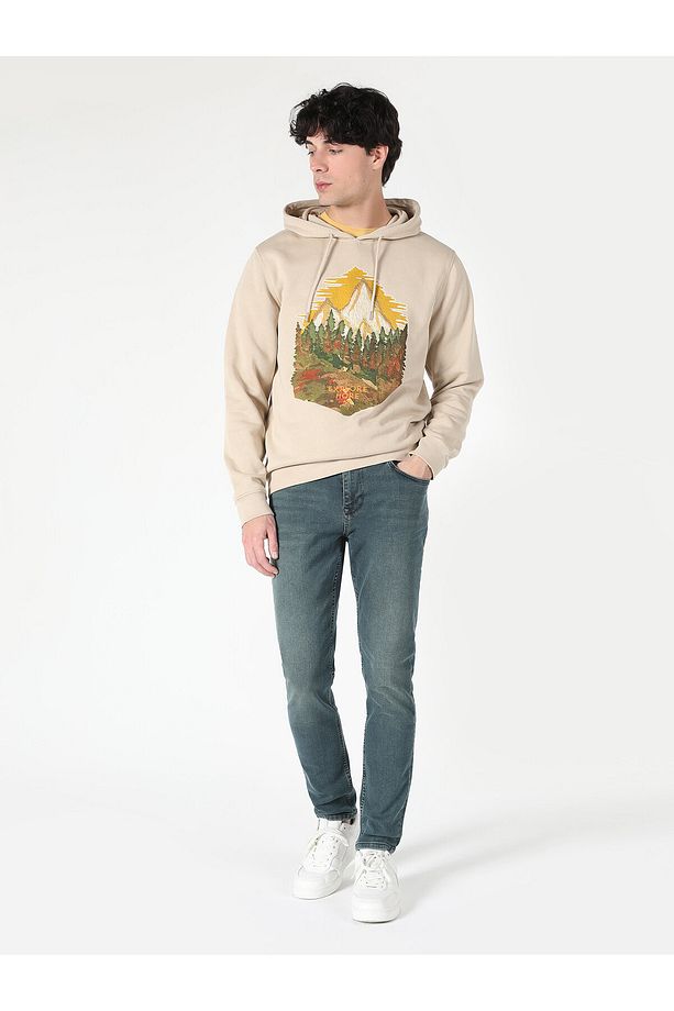 Regular Fit Baskılı Kapüşonlu Bej Erkek Sweatshirt - 1
