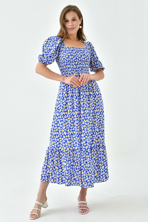 Daisy Pattern Cotton Viscose Fabric Elastic Gimp Short Sleeve Midi Length Blue Dress 039