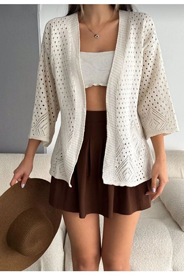 Triko Yazlık Hırka Ajurlu Delikli Geniş Kol Hırka - 1