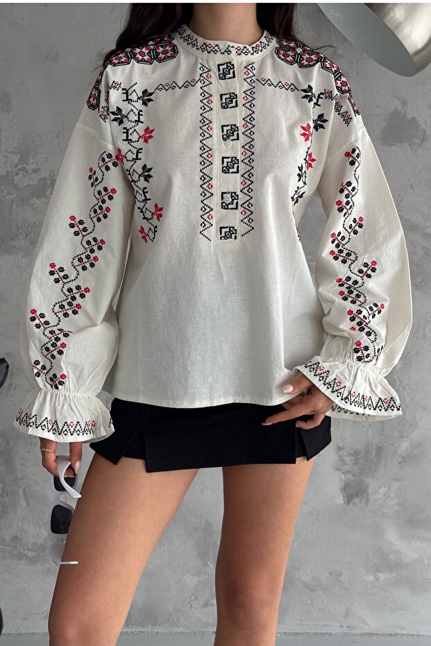 Women's Ankles Drawstring Prevailing Collar Full Embroidery Embroidered Cotton Shirt
