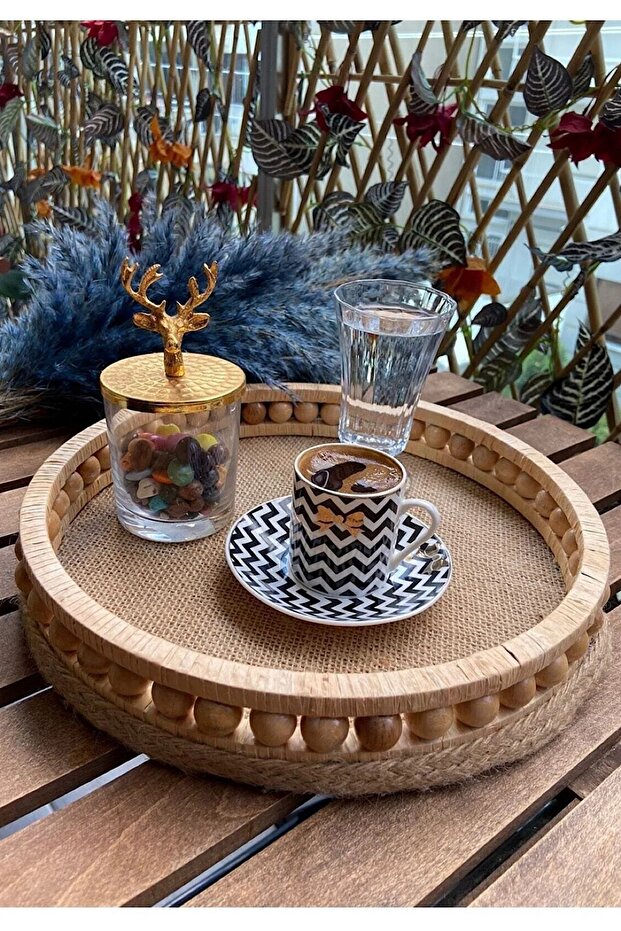 Handmade Wooden Straw Beaded Natural Raffia Tray Presentation Holder 26CM