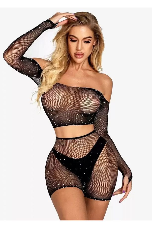 Kadın Seksi Siyah Dantel Ve File Işlemeli File Kombin Siyah Şık Jartiyer Vücut Çorabı - 1
