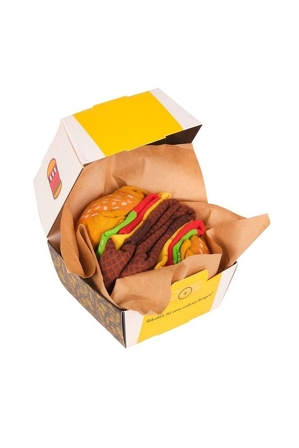 Hediye Hamburger Kutusu Çorap Hamburger Desenli 2 Çift Pamuk Çorap - Burger Socks Box - 1