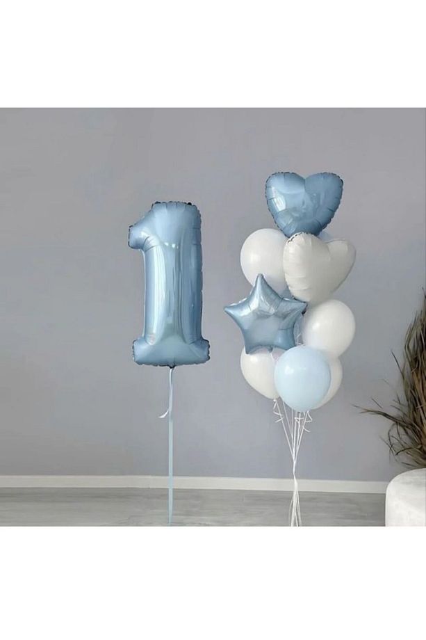 1 Yaş Mavi Retro Set Folyo Balon 1 Yaş Doğum Günü Set - 1