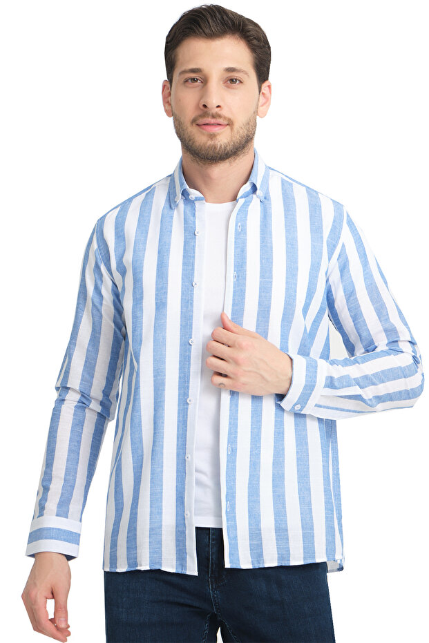 Men's Sky Blue Striped Pocketless Linen Effect Wide Cut Long Sleeve Shirt