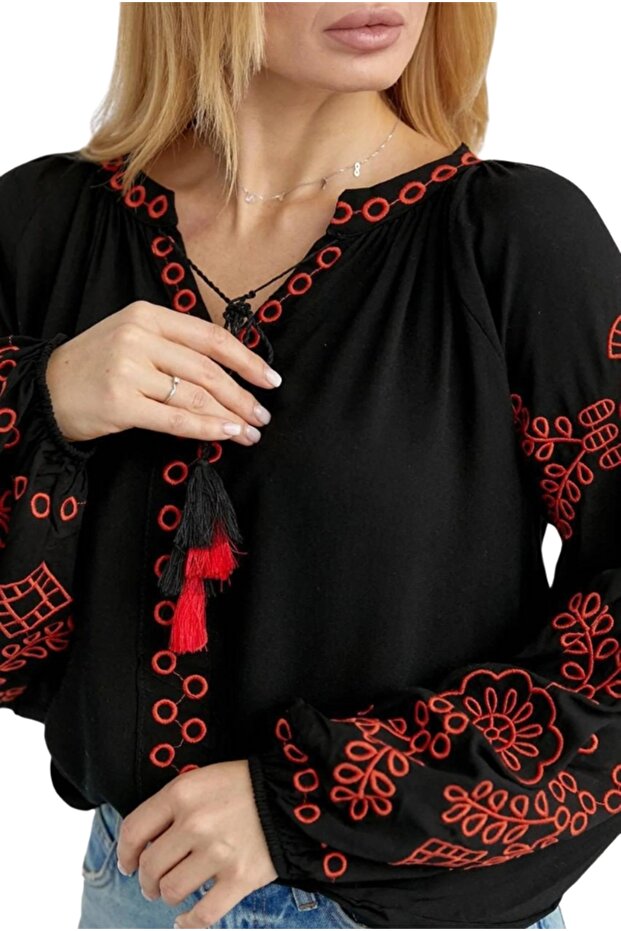 Women's Black Ethnic Red Embroidery Embroidered Cotton Tassel Detailed Blouse