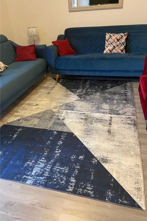 Makinede Yıkanabilir Kaymaz Taban Mavi Halı - 3