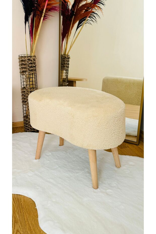Fasulye Model Ahşap Ayaklı Teddy Kumaş Dekoratif Puf Bench - 3