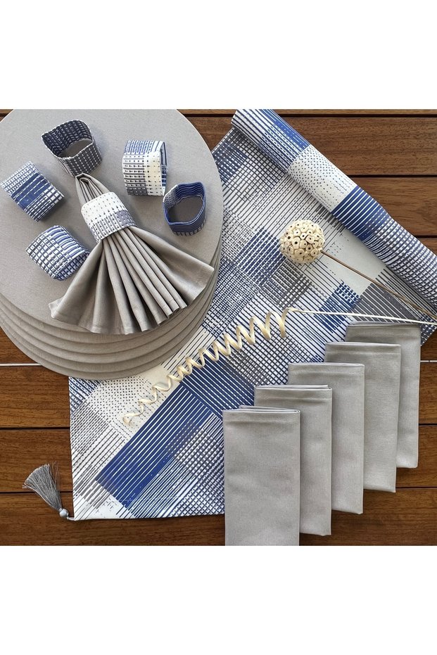American Service Set, New Season, Gray Soft Stripes Pattern, 6 Plates, 6 Napkins, 6 Napkin Rings and Runner Cover