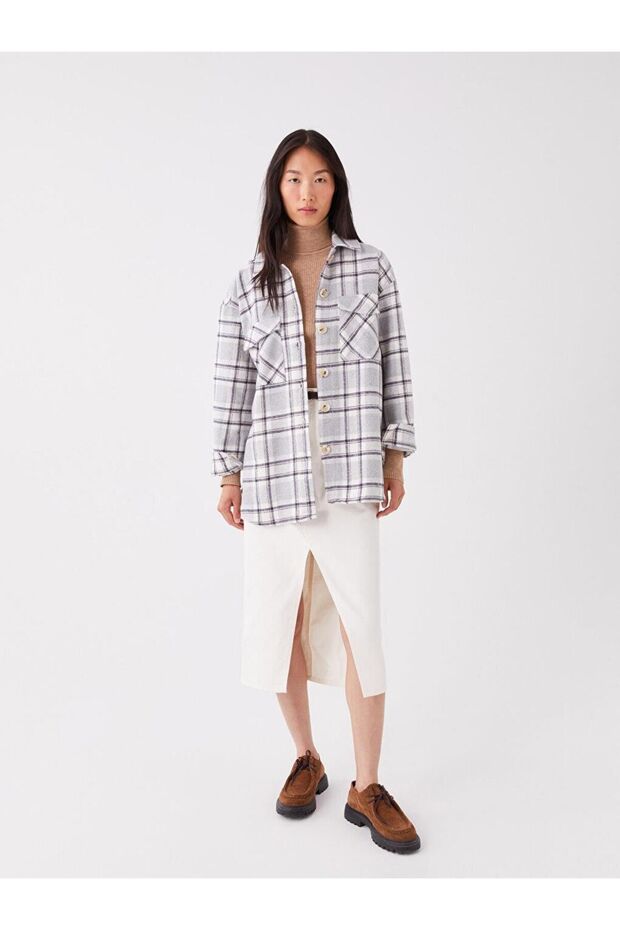 LCW Vision Ekose Uzun Kollu Oversize Kadın Gömlek Ceket - 2