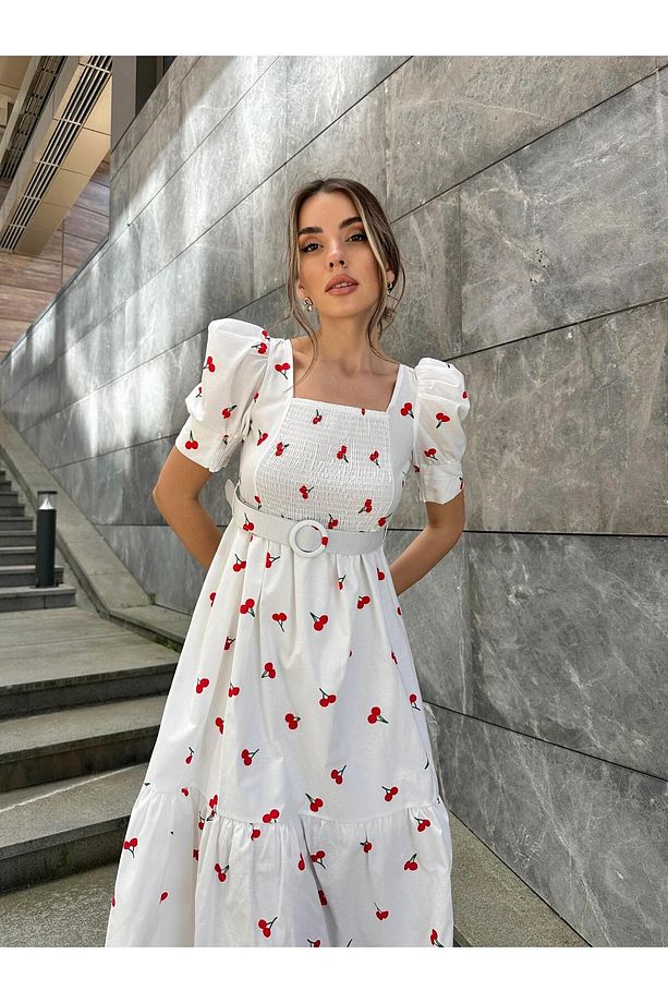Kirazlı Balon Kol Poplin Elbise Ekru - 3