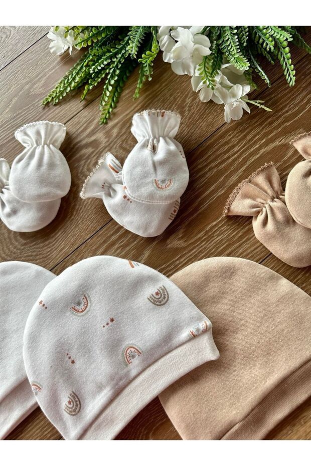 Organic Set of 6 Newborn Baby Gloves and Hats Rainbow