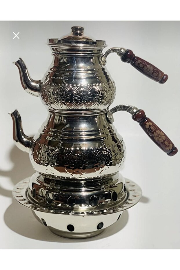 Bakır Çaydanlık Takımı Beyaz Arslan Ayak Ocaklı Büyük Boy 4-6 Kişilik - 1