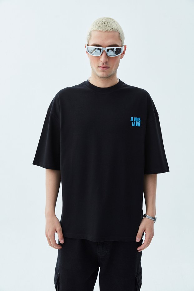 Black Oversize T-Shirt - Back Flower Printed