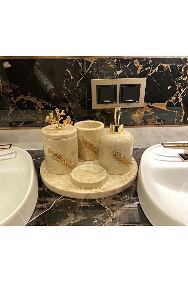 PERLA- NATURAL BEIGE MARBLE BATH SET-5 PIECES- GOLD LEAVES DETAIL