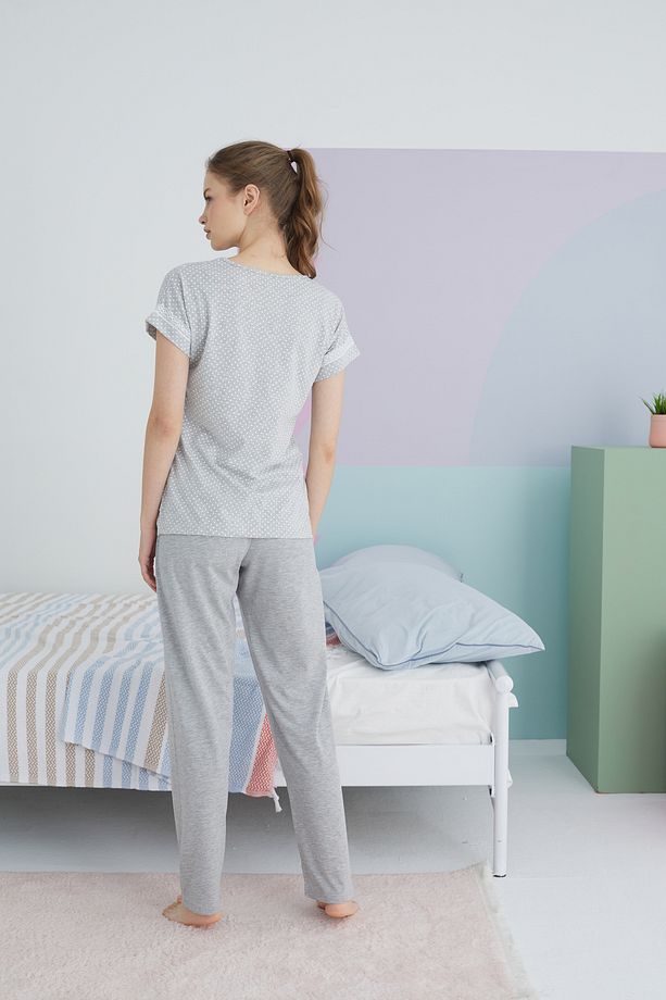 gri Pamuklu Örme Pijama Takım - 3