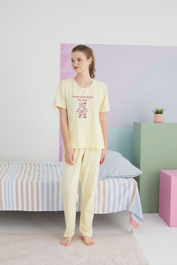 sarı Pamuklu Örme Pijama Takım - 2