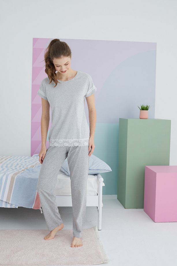 gri Pamuklu Örme Pijama Takım - 2