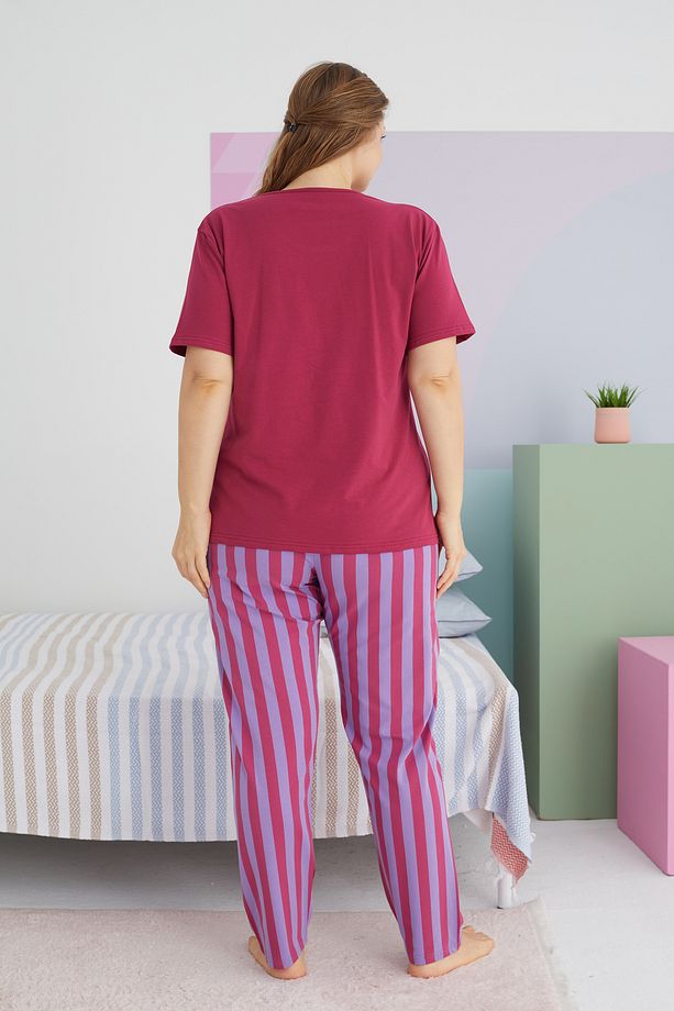 çok renkli Curve Büyük Beden Battal Boy Pamuklu Örme Pijama Takımı - 3