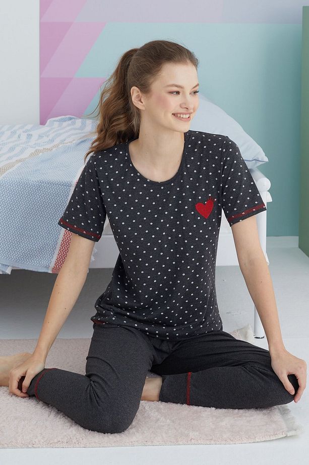 antrasit Pamuklu Örme Pijama Takım - 1
