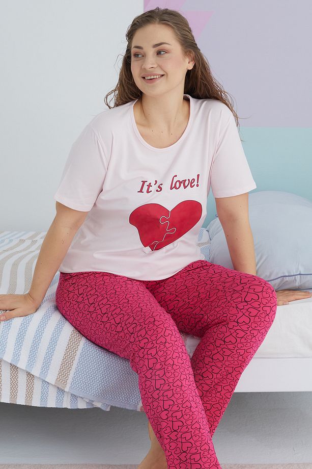 çok renkli Curve Büyük Beden Battal Boy Pamuklu Örme Pijama Takımı - 1