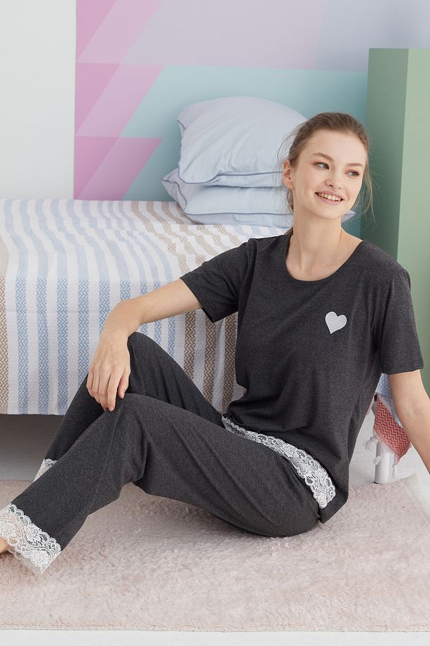 antrasit Pamuklu Örme Pijama Takım - 1