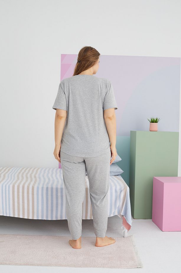 çok renkli Curve Büyük Beden Battal Boy Pamuklu Örme Pijama Takımı - 3
