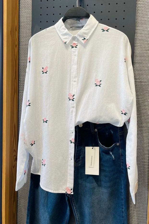 Women's Pink Floral Embroidery Embroidered 100% Cotton Shirt (Buy 1 Size Small)