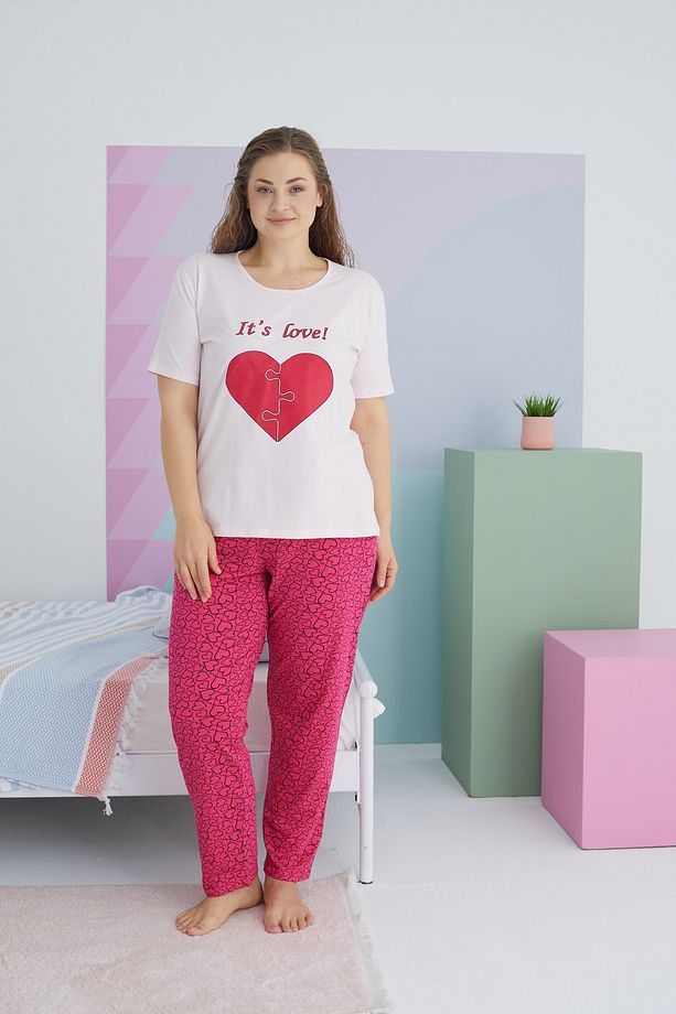çok renkli Curve Büyük Beden Battal Boy Pamuklu Örme Pijama Takımı - 2