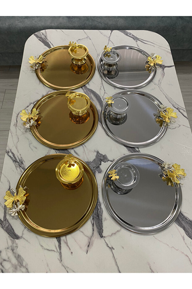 2 Different Models 3 Gold 3 Silver Butterfly Steel Round Presentation Tray and Butterfly Food Container
