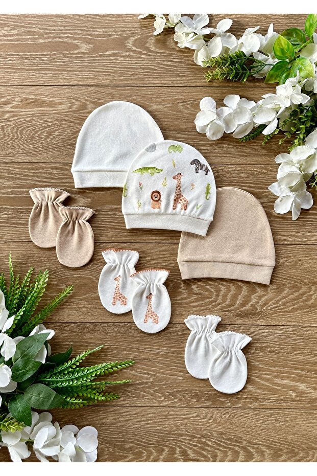 Organic 6-Piece Newborn Baby Gloves Hat Set Giraffe Lion Chameleon