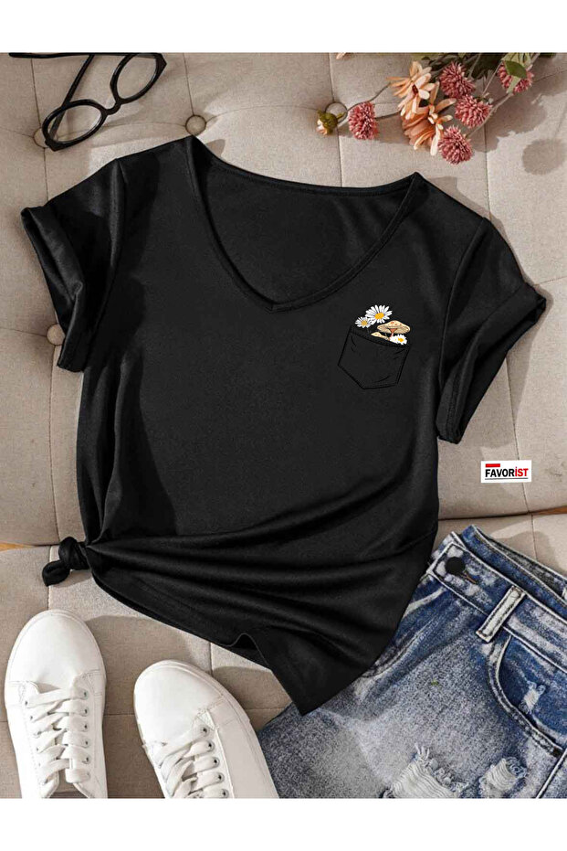 Koszulka bawełniana z nadrukiem kwiatowym i dekoltem w serek (NORMAL MOLD) - 1