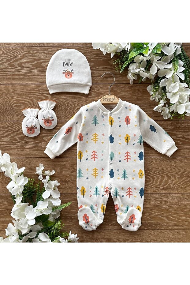 Organic Cotton 3-Piece Newborn Hospital Release Set Gloves Hat Booties Overalls Set Tree Deer