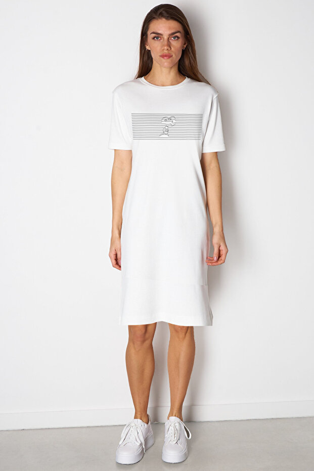 Striped Dog White Crew Neck Short Sleeve Above Knee Mid Length Combed Cotton Dress