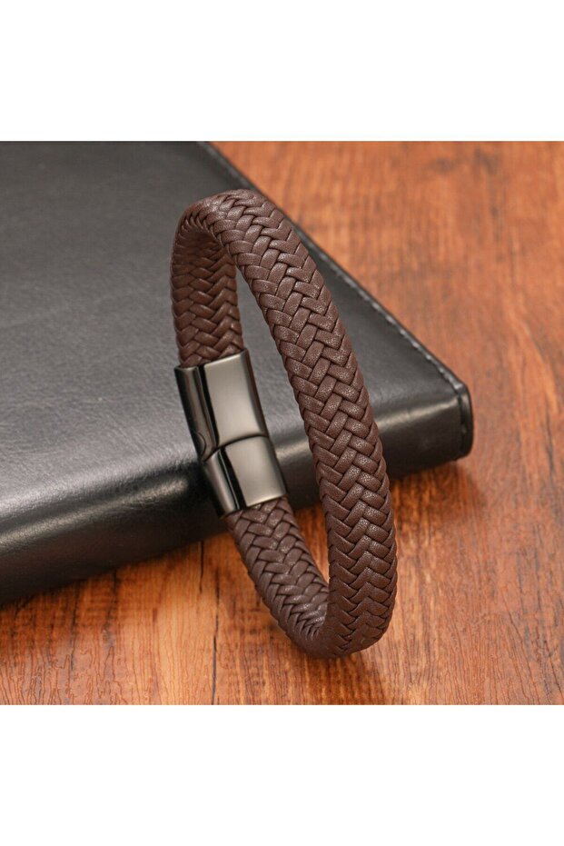 Çelik ve Deri Örme Klipsli Bileklik - 5