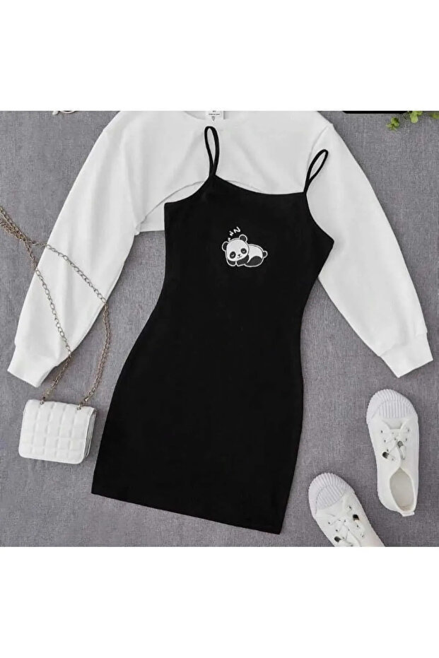 Women's Black White Panda Print Dress & Crop Sweat Combination