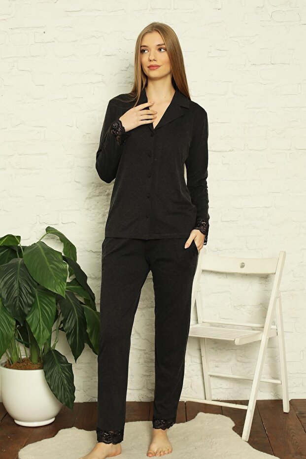 Buttoned Front V-Neck Soft Lace Winter Lycra Wool Viscose Pajamas Set