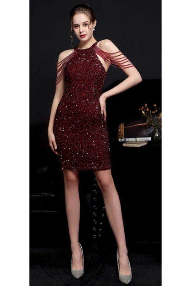 halter yaka boncuk detaylı mini pul peyet elbise - 3