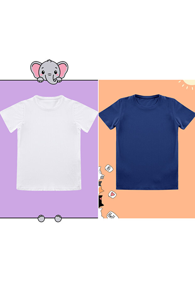 Lacivert-Beyaz 2'li Erkek Çocuk Pamuklu Basic Regular Kalıp Kısa Kol Örme T-Shirt TKDSS24TS00018 - 2