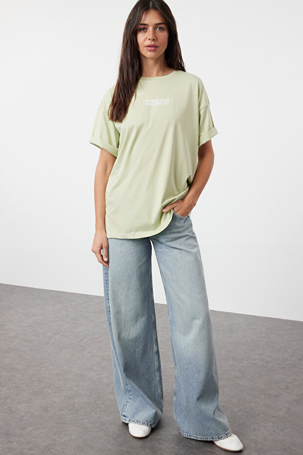 Mint %100 Pamuk Sırt ve Ön Baskılı Oversize/Geniş Kesim Örme T-Shirt TWOSS24TS00183 - 2