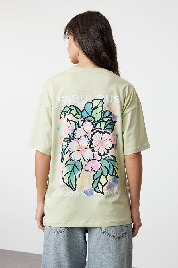 Mint %100 Pamuk Sırt ve Ön Baskılı Oversize/Geniş Kesim Örme T-Shirt TWOSS24TS00183 - 5