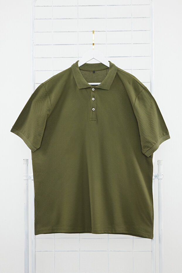 Büyük Beden Haki Regular/Normal Kesim Basic %100 Pamuk Polo Yaka T-shirt TMNSS24BF00000 - 6