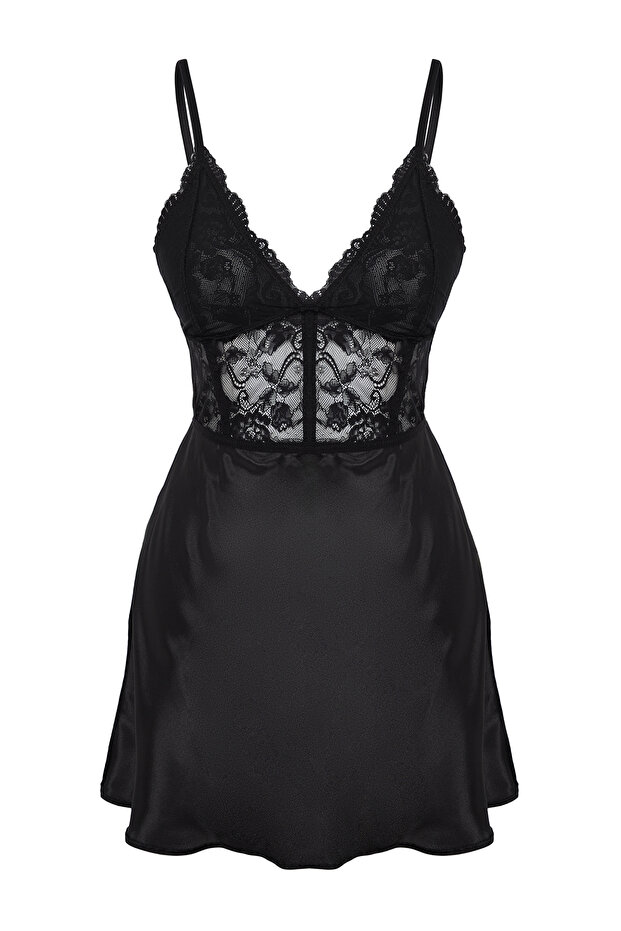 Siyah Dantelli Sırt Agraf ve Pencere/Cut Out Detaylı Saten Dokuma Gecelik THMSS24GC00029 - 6