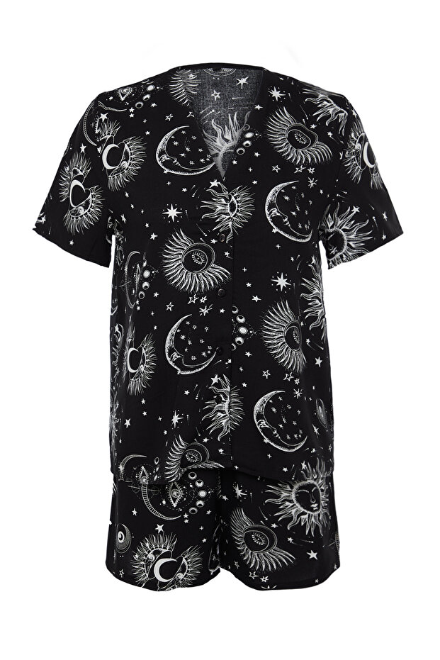 Kadın Couple/Çift Siyah Galaksi Desenli Viskon Şortlu Dokuma Pijama Takımı THMSS24PT00135 - 7
